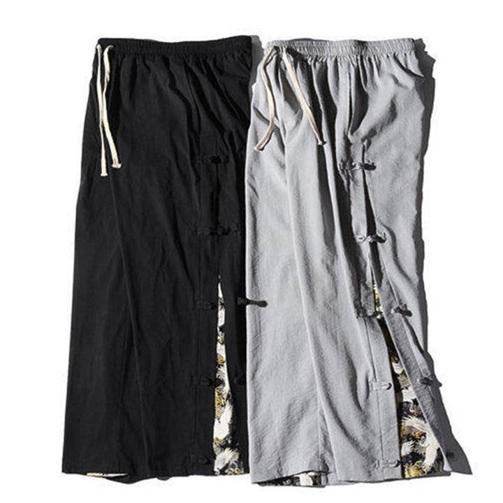 Pantalones anchos para hombre con bolsillos y diseño de grullas y botones de rana con estampado de Buddha Stones - image 31