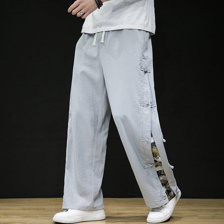 Pantalones anchos para hombre con bolsillos y diseño de grullas y botones de rana con estampado de Buddha Stones - image 14