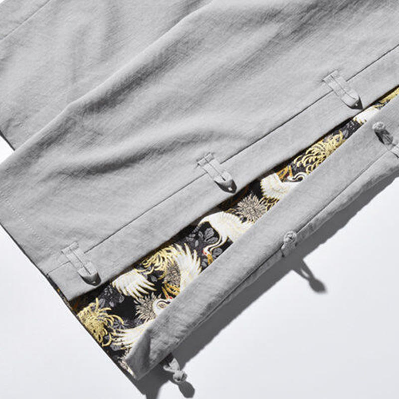 Pantalones anchos para hombre con bolsillos y diseño de grullas y botones de rana con estampado de Buddha Stones - image 28