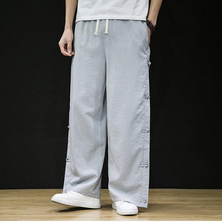 Pantalones anchos para hombre con bolsillos y diseño de grullas y botones de rana con estampado de Buddha Stones - image 16