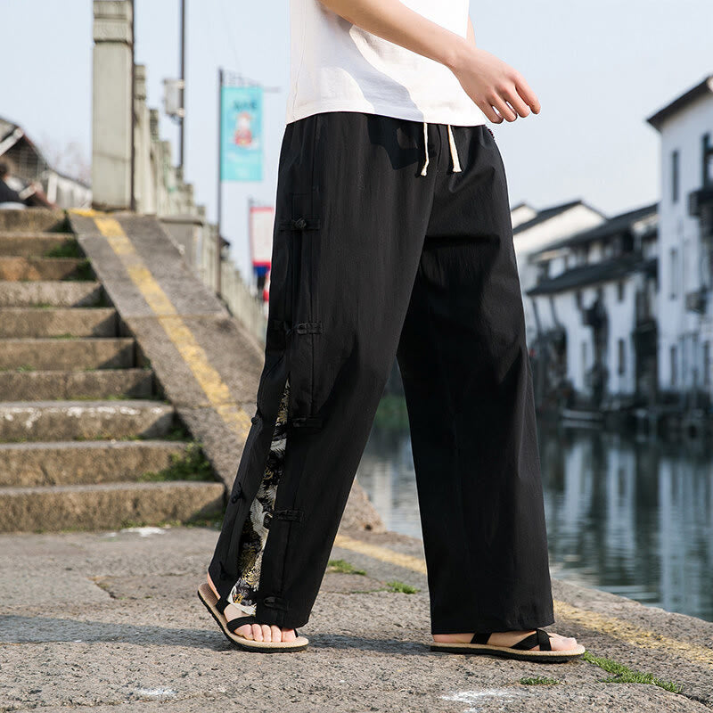 Pantalones anchos para hombre con bolsillos y diseño de grullas y botones de rana con estampado de Buddha Stones - image 1