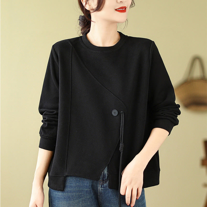 Sudadera de algodón con cuello redondo y botones lisos de Buddha Stones Fall para mujer  - Negro - US12, UK/AU16, EU44 (2XL) - image 0