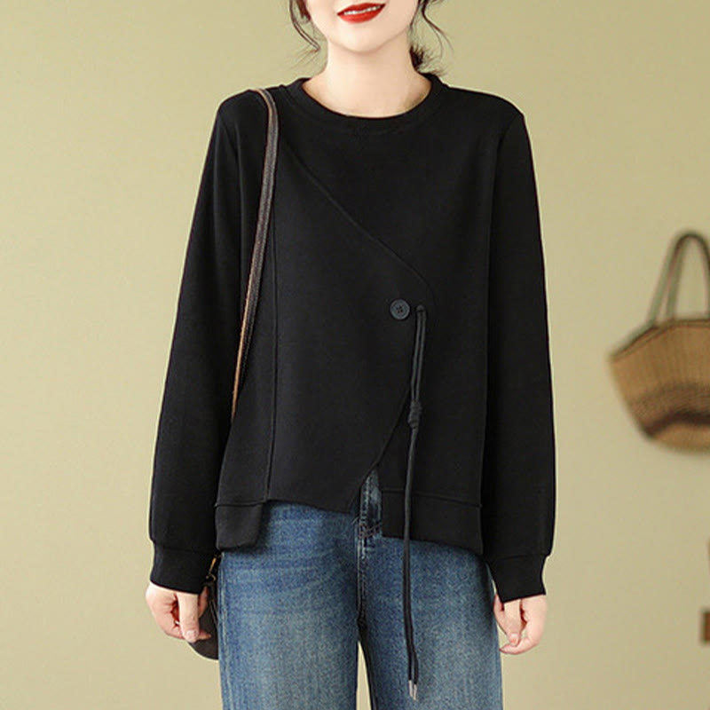 Sudadera de algodón con cuello redondo y botones lisos de Buddha Stones Fall para mujer  - image 1