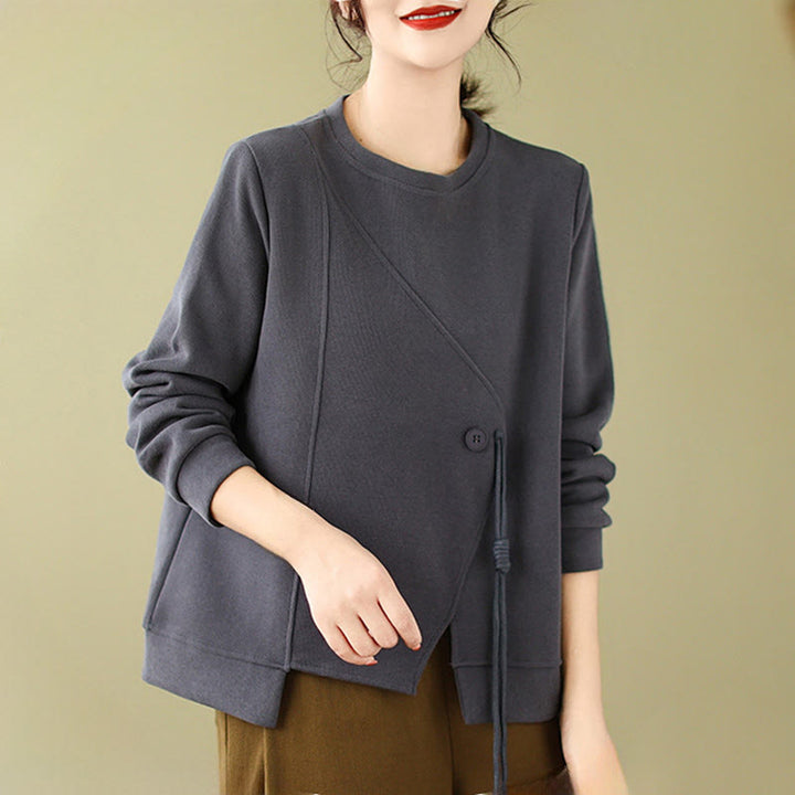 Sudadera de algodón con cuello redondo y botones lisos de Buddha Stones Fall para mujer  - image 7