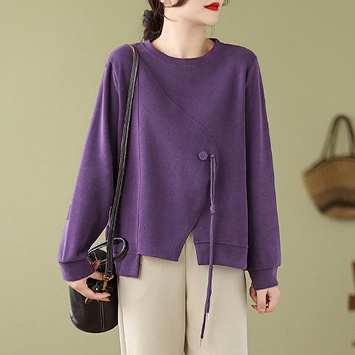 Sudadera de algodón con cuello redondo y botones lisos de Buddha Stones Fall para mujer  - image 13