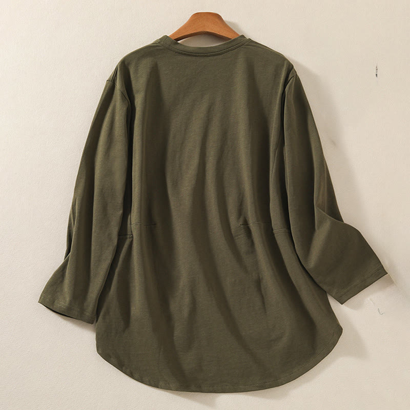 Camiseta de manga larga para mujer de algodón y lino con dobladillo irregular y estampado de Buddha Stones - image 1