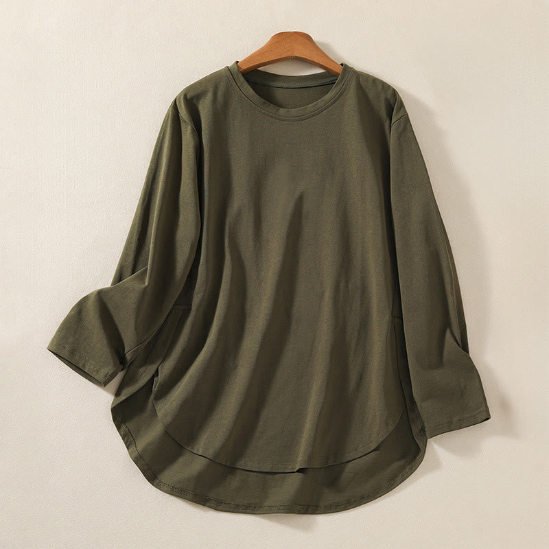 Camiseta de manga larga para mujer de algodón y lino con dobladillo irregular y estampado de Buddha Stones - Verde oliva oscuro - US14，UK/AU18，EU46 (2XL) - image 0
