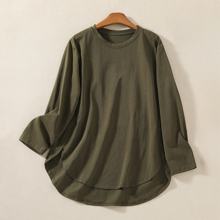 Camiseta de manga larga para mujer de algodón y lino con dobladillo irregular y estampado de Buddha Stones - Verde oliva oscuro - US14，UK/AU18，EU46 (2XL) - image 0