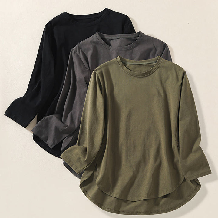 Camiseta de manga larga para mujer de algodón y lino con dobladillo irregular y estampado de Buddha Stones - image 19