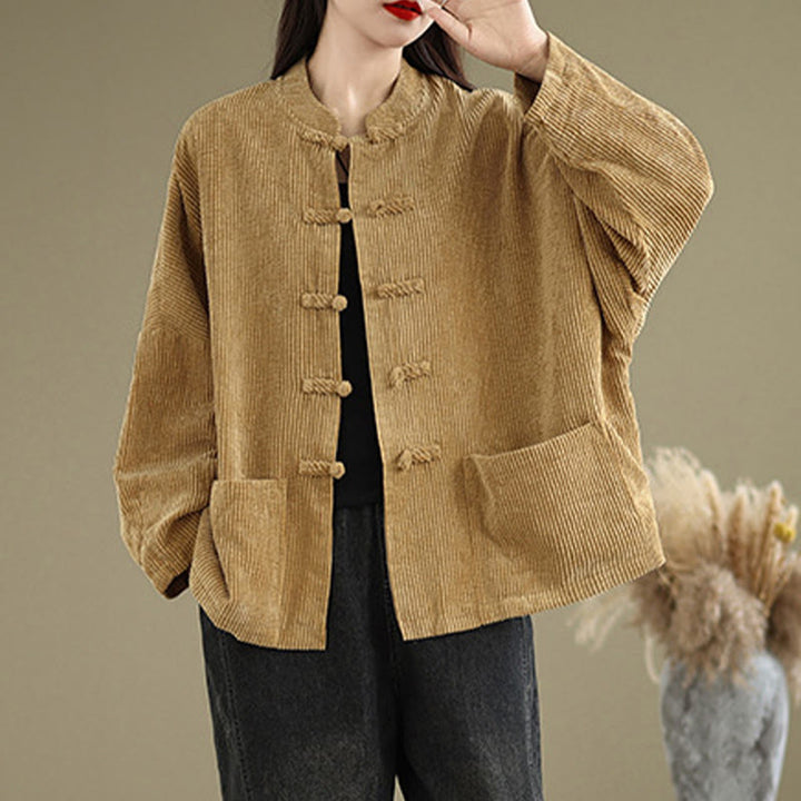 Chaqueta de pana con cuello alto y botones de rana para mujer de Buddha Stones - image 3