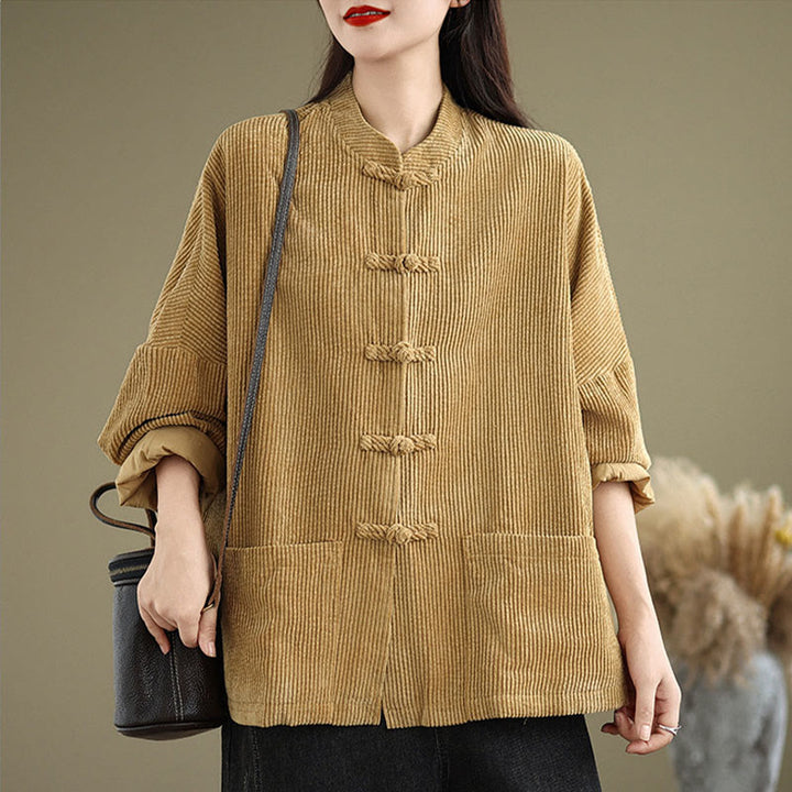 Chaqueta de pana con cuello alto y botones de rana para mujer de Buddha Stones - image 1