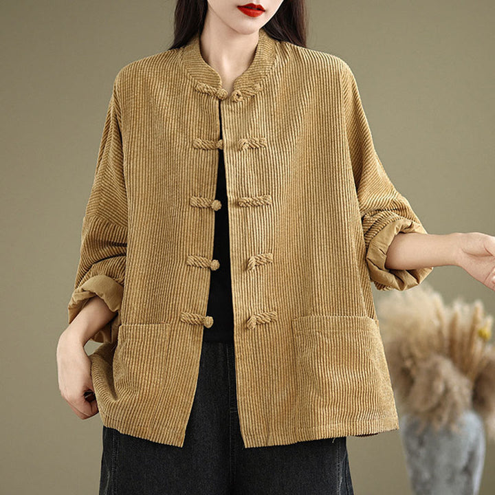 Chaqueta de pana con cuello alto y botones de rana para mujer de Buddha Stones - image 2