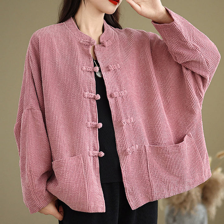 Chaqueta de pana con cuello alto y botones de rana para mujer de Buddha Stones - image 12
