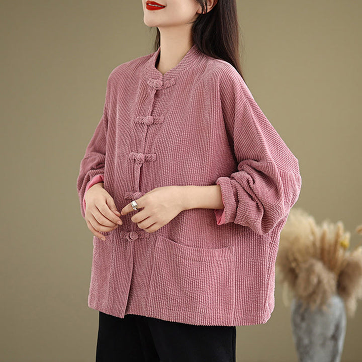 Chaqueta de pana con cuello alto y botones de rana para mujer de Buddha Stones - image 13