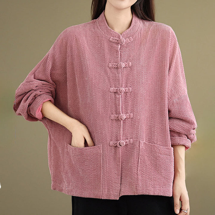 Chaqueta de pana con cuello alto y botones de rana para mujer de Buddha Stones - image 10
