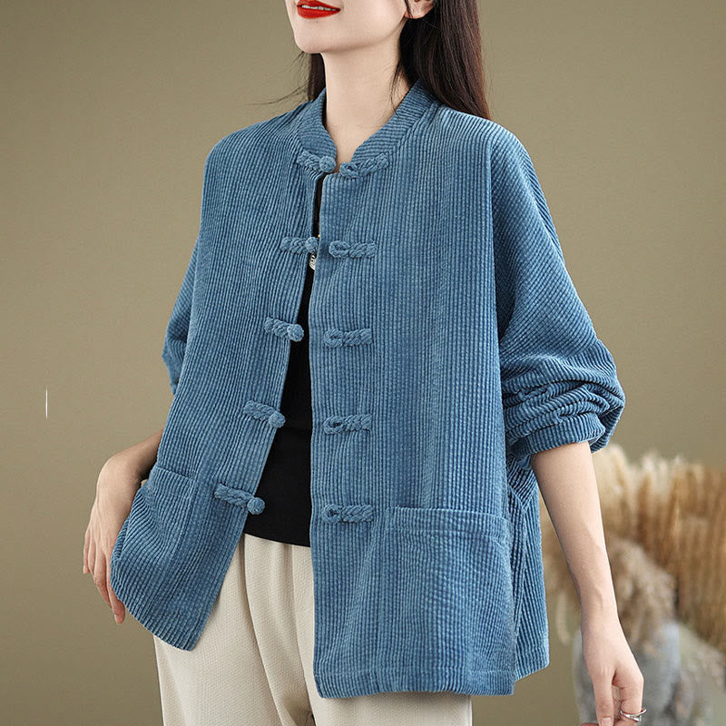 Chaqueta de pana de algodón y lino para mujer con cuello alto y botones de rana de Buddha Stones - image 18