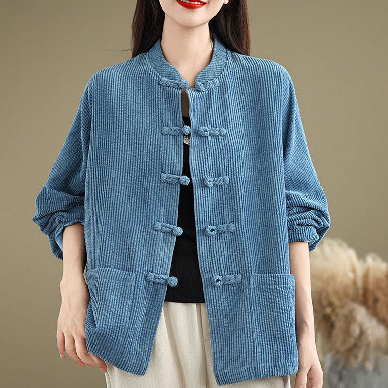 Chaqueta de pana con cuello alto y botones de rana para mujer de Buddha Stones - image 19