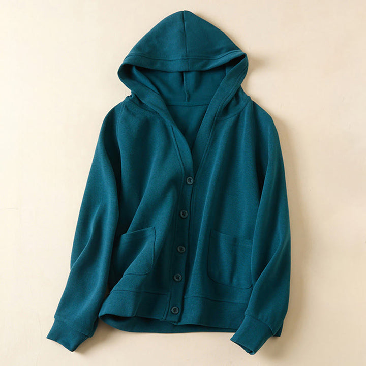 Chaqueta de algodón con capucha y bolsillos para mujer con botones lisos de Buddha Stones - Azul acero - US12, UK/AU16, EU44 (2XL) - image 16