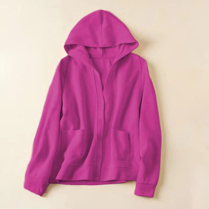 Chaqueta de algodón con capucha y bolsillos para mujer con botones lisos de Buddha Stones - Violeta medio rojo - US12, UK/AU16, EU44 (2XL) - image 22