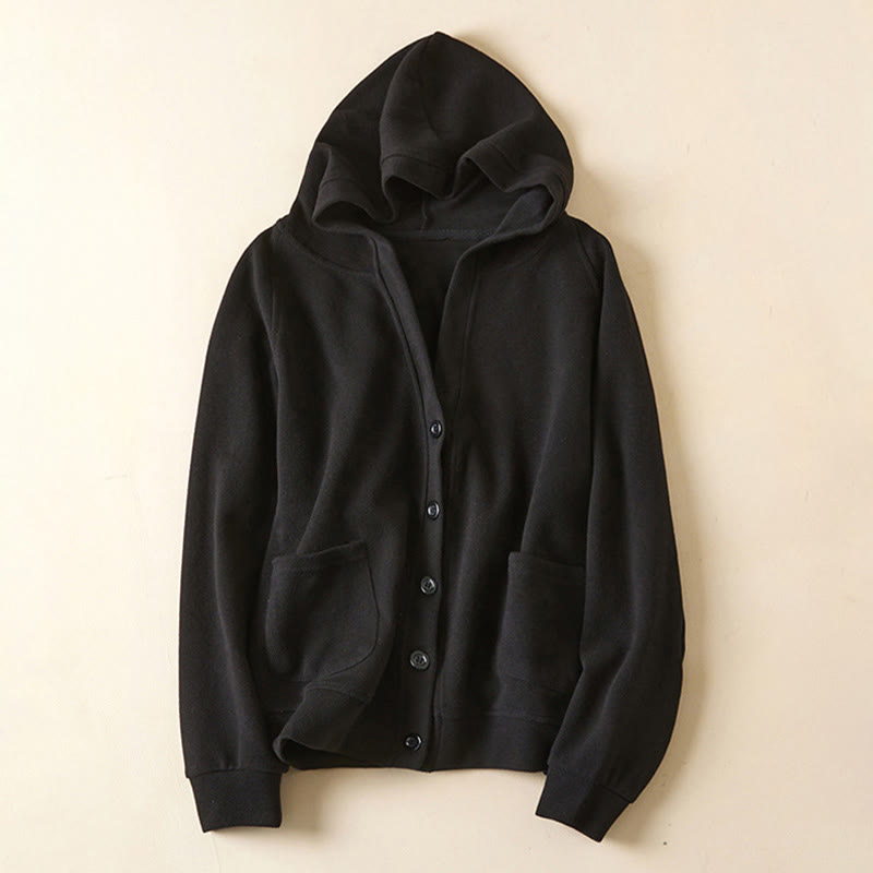 Chaqueta de algodón con capucha y bolsillos para mujer con botones lisos de Buddha Stones - Negro - US12, UK/AU16, EU44 (2XL) - image 25