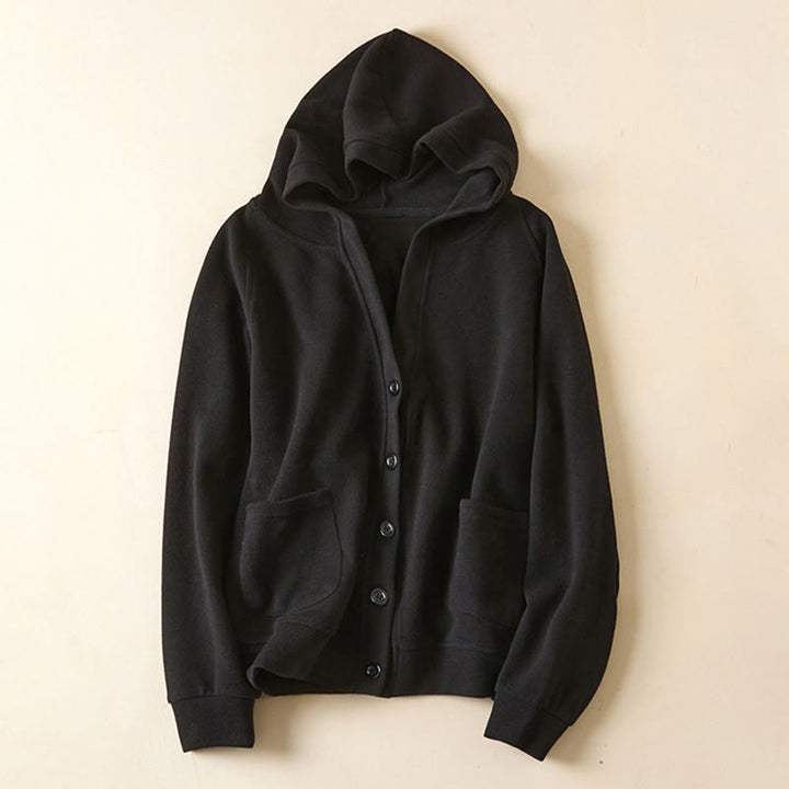 Chaqueta de algodón con capucha y bolsillos para mujer con botones lisos de Buddha Stones - Negro - US12, UK/AU16, EU44 (2XL) - image 25