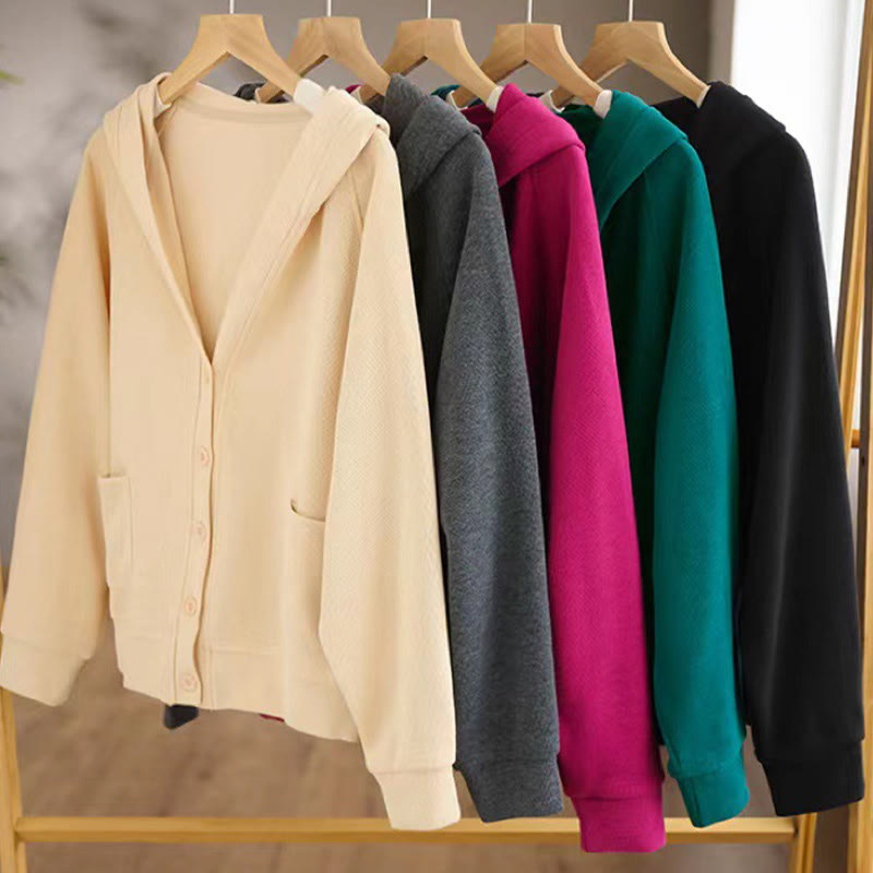 Chaqueta de algodón con capucha y bolsillos para mujer con botones lisos de Buddha Stones - image 33