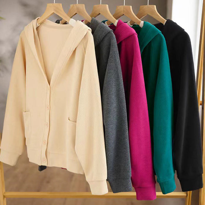 Chaqueta de algodón con capucha y bolsillos para mujer con botones lisos de Buddha Stones - image 33