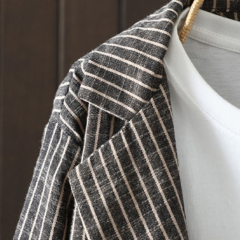 Chaqueta de lino y algodón con rayas empalmadas de Buddha Stones para mujer con bolsillos - image 1