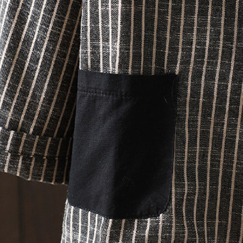 Chaqueta de lino y algodón con rayas empalmadas de Buddha Stones para mujer con bolsillos - image 3