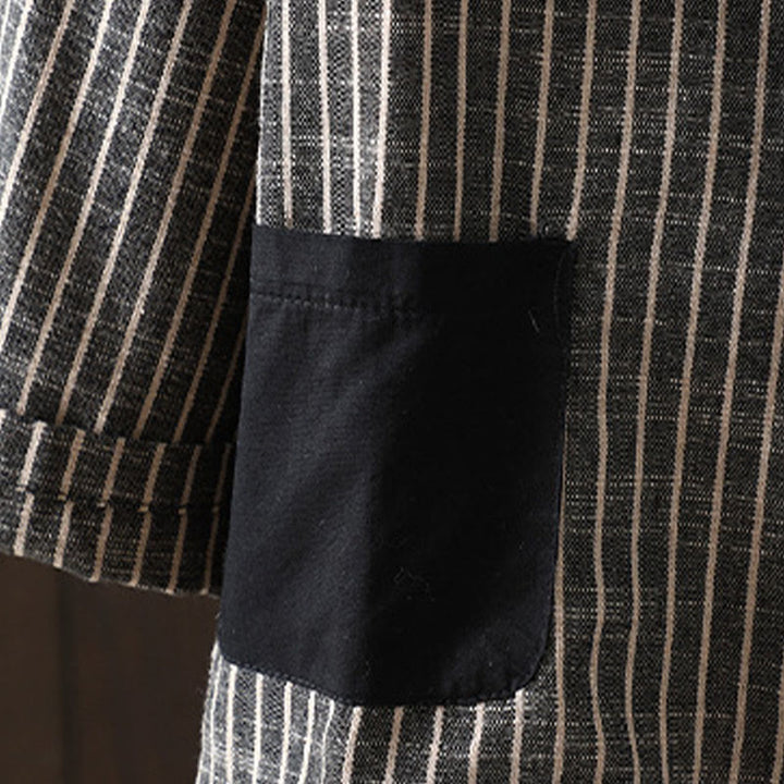 Chaqueta de lino y algodón con rayas empalmadas de Buddha Stones para mujer con bolsillos - image 3