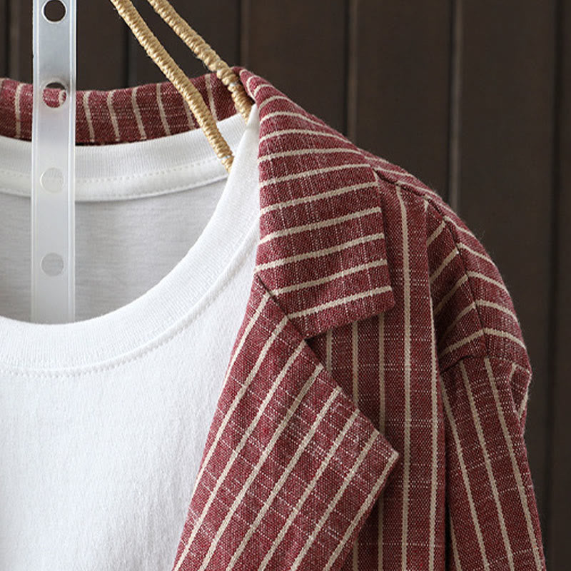 Chaqueta de lino y algodón con rayas empalmadas de Buddha Stones para mujer con bolsillos - image 10