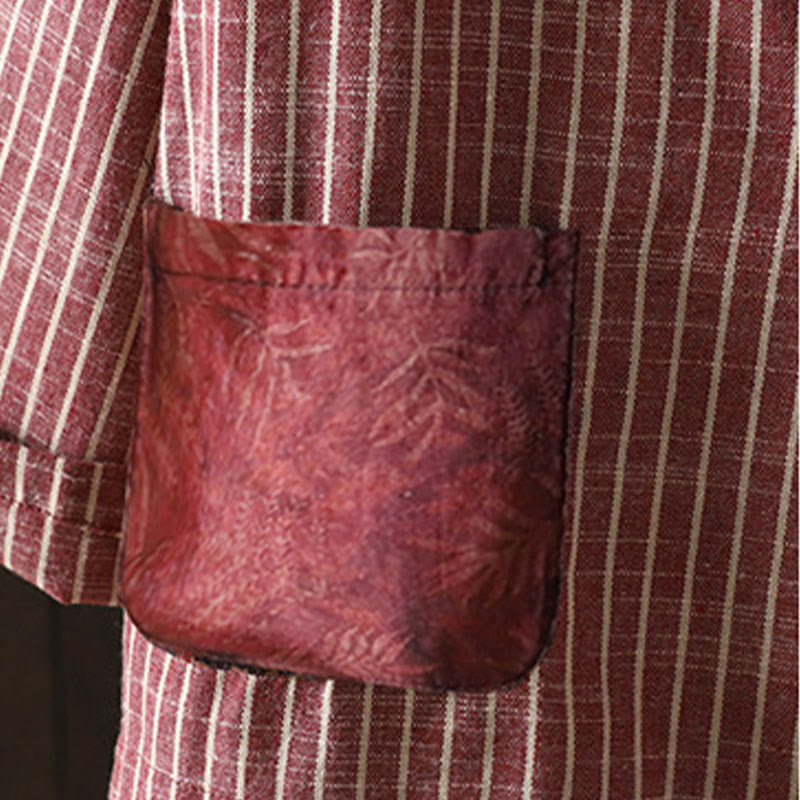 Chaqueta de lino y algodón con rayas empalmadas de Buddha Stones para mujer con bolsillos - image 13