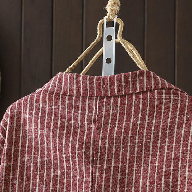 Chaqueta de lino y algodón con rayas empalmadas de Buddha Stones para mujer con bolsillos - image 11