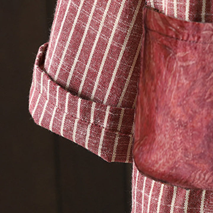 Chaqueta de lino y algodón con rayas empalmadas de Buddha Stones para mujer con bolsillos - image 9