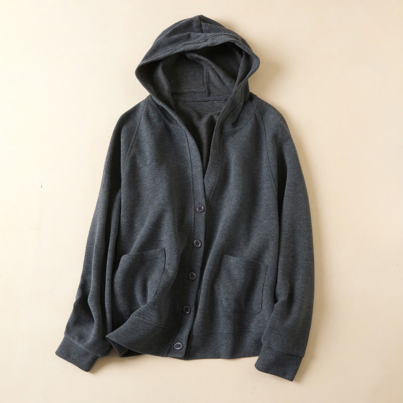 Chaqueta de algodón con capucha y bolsillos para mujer con botones lisos de Buddha Stones - Gris oscuro - US12, UK/AU16, EU44 (2XL) - image 1