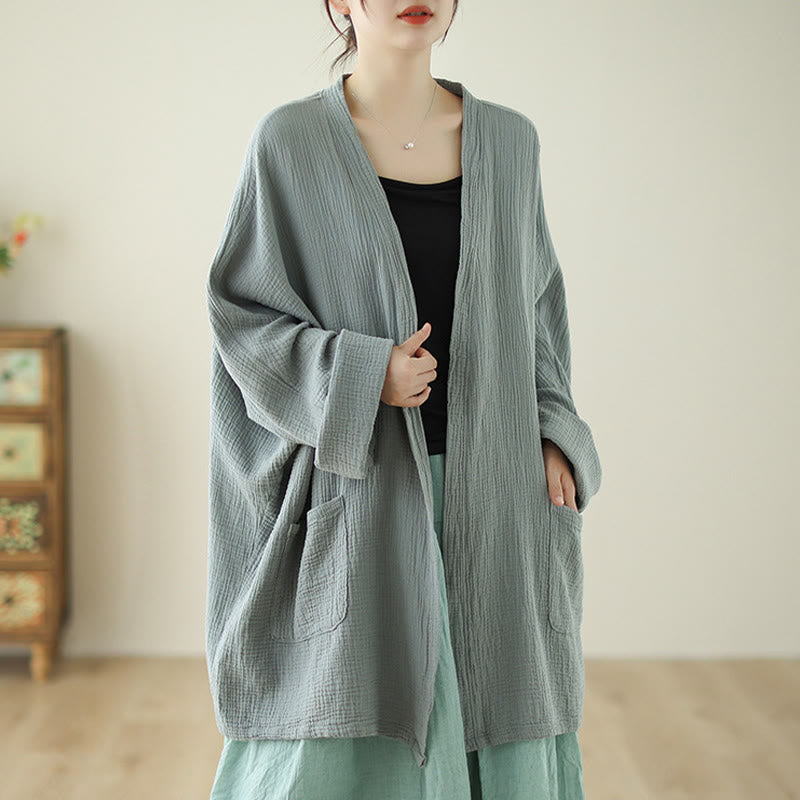 Chaqueta de lino y algodón con bolsillos para meditación zen, de manga larga y lisa, con Buddha Stones - Verde mar oscuro - US12，UK/AU16，EU44 (XL) - image 1