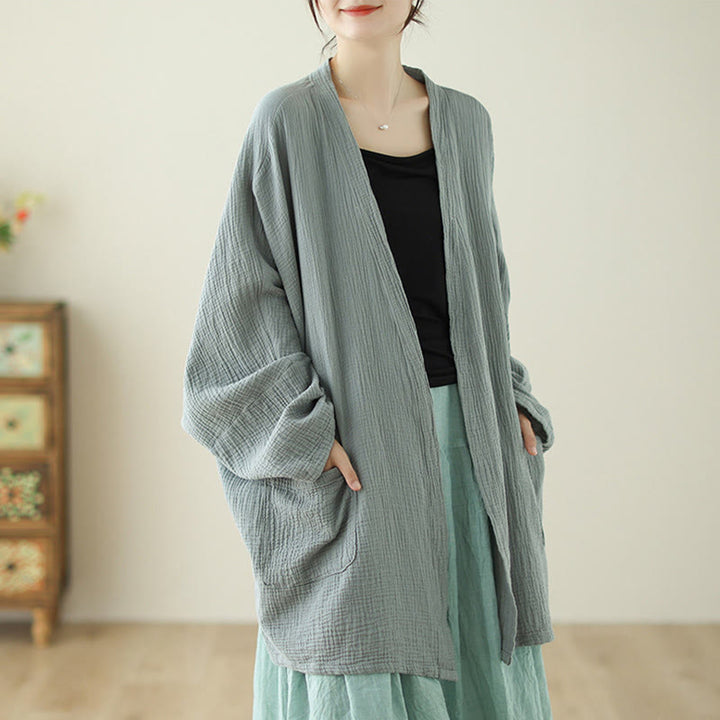 Chaqueta de lino y algodón con bolsillos para meditación zen, de manga larga y lisa, con Buddha Stones - image 7