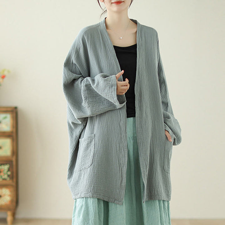 Chaqueta de lino y algodón con bolsillos para meditación zen, de manga larga y lisa, con Buddha Stones - image 3