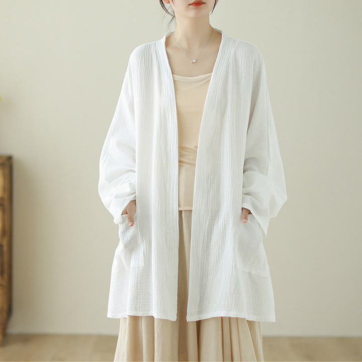 Chaqueta de lino y algodón con bolsillos para meditación zen, de manga larga y lisa, con Buddha Stones - Blanco - US12，UK/AU16，EU44 (XL) - image 8