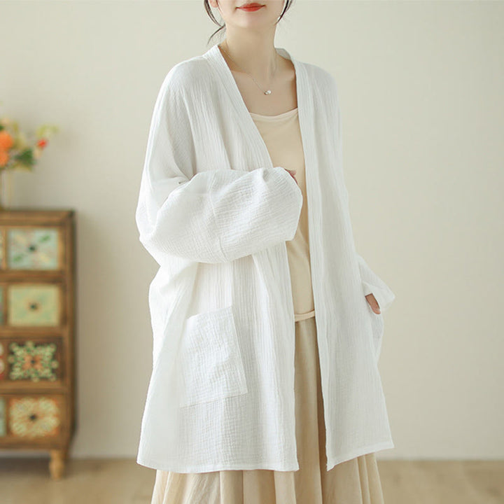 Chaqueta de lino y algodón con bolsillos para meditación zen, de manga larga y lisa, con Buddha Stones - image 11