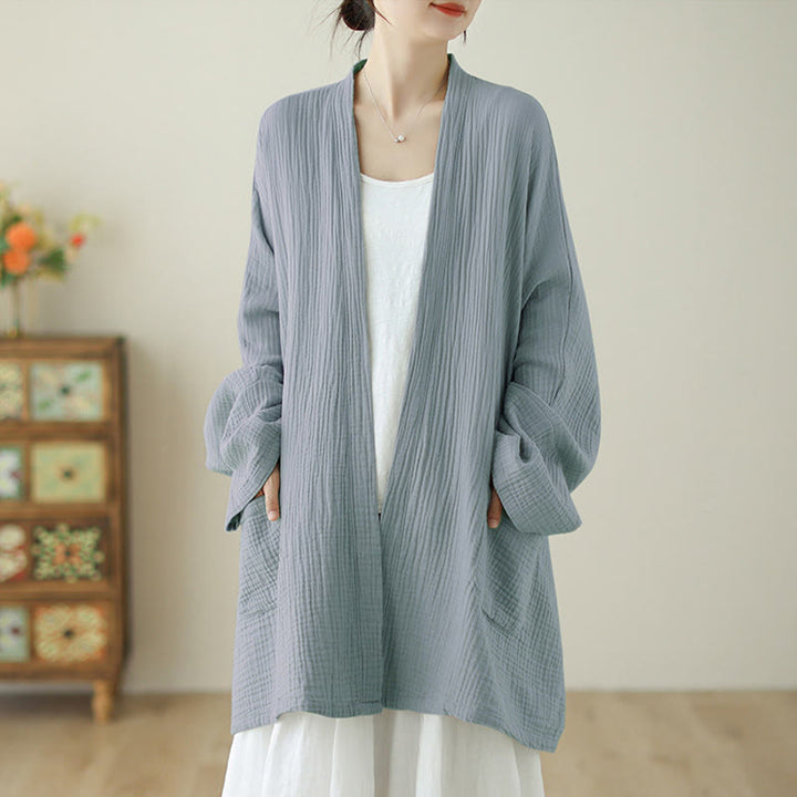 Chaqueta de lino y algodón con bolsillos para meditación zen, de manga larga y lisa, con Buddha Stones - image 18