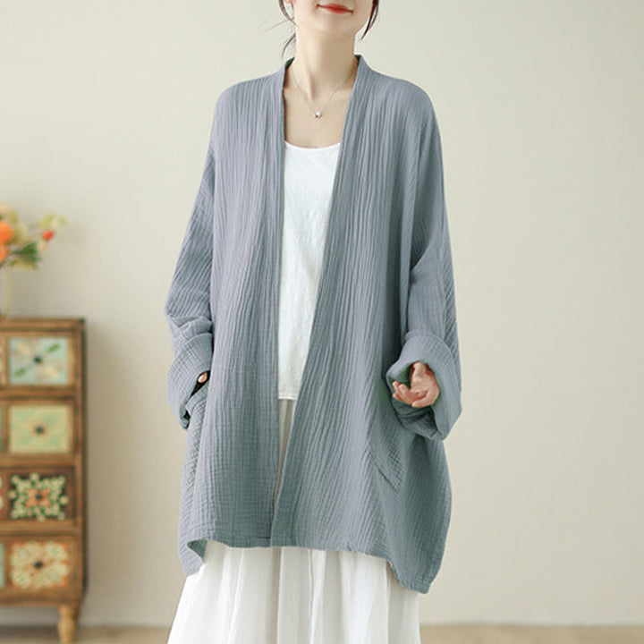 Chaqueta de lino y algodón con bolsillos para meditación zen, de manga larga y lisa, con Buddha Stones - Azul acero claro - US12，UK/AU16，EU44 (XL) - image 15