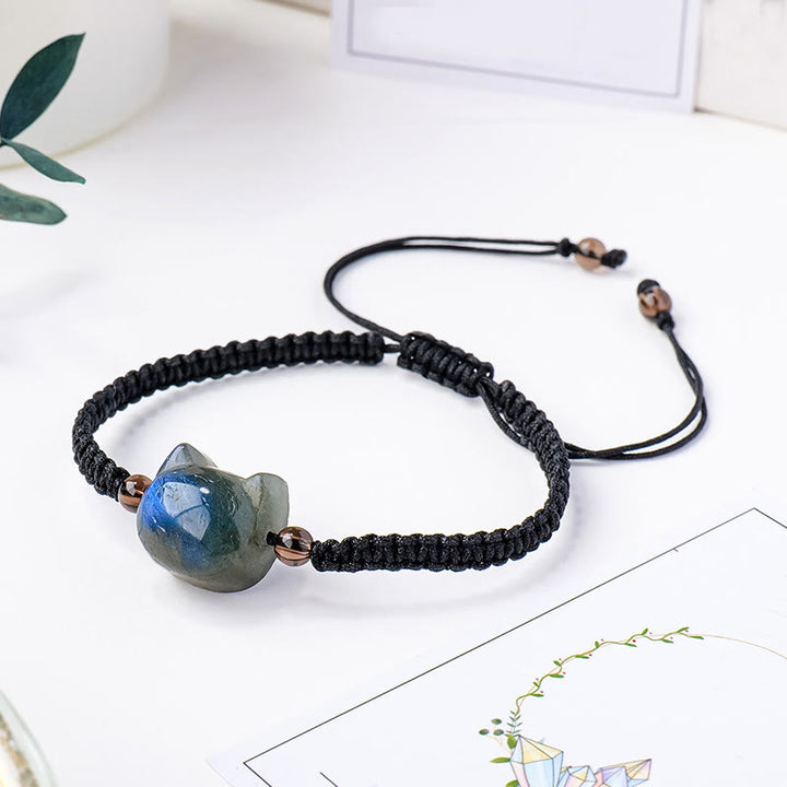 Pulsera curativa de cuerda negra con labradorita natural y cabeza de gato de Buddha Stones - Labradorita (circunferencia de la muñeca: 15-21 cm) - image 1