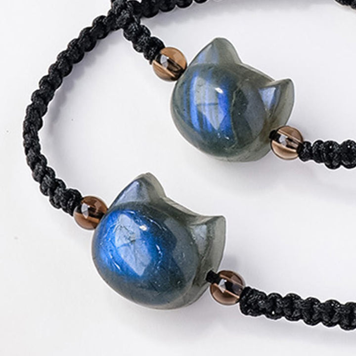 Pulsera curativa de cuerda negra con labradorita natural y cabeza de gato de Buddha Stones - image 5