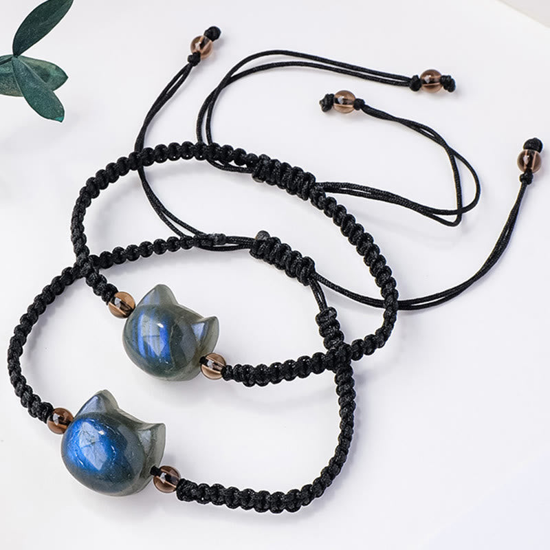 Pulsera curativa de cuerda negra con labradorita natural y cabeza de gato de Buddha Stones - image 3