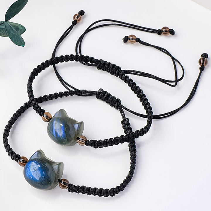 Pulsera curativa de cuerda negra con labradorita natural y cabeza de gato de Buddha Stones - image 3