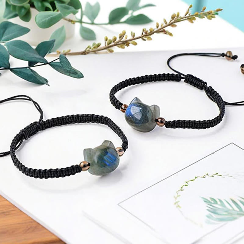 Pulsera curativa de cuerda negra con labradorita natural y cabeza de gato de Buddha Stones - image 2