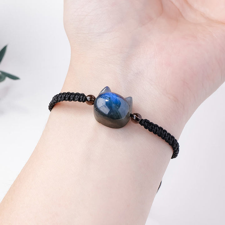 Pulsera curativa de cuerda negra con labradorita natural y cabeza de gato de Buddha Stones - image 4