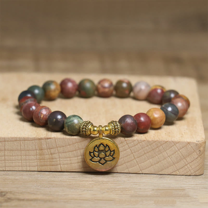 Pulsera antiestrés con diseño de loto y piedra emperador de colores naturales de Buda - Piedra del Emperador (circunferencia de la muñeca: 15-17 cm) - image 1