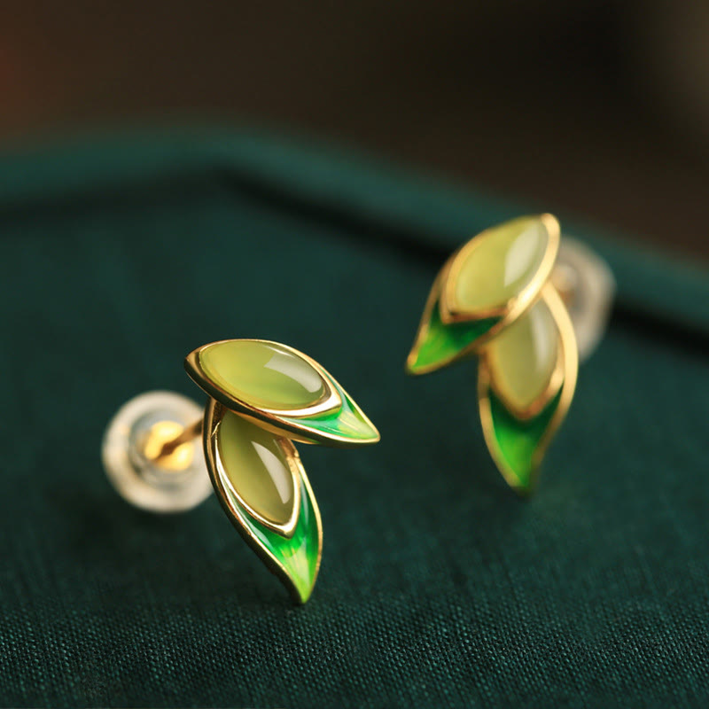 Pendientes de prosperidad con hojas de jade y piedras de Buddha Stones en plata de ley 925  - image 2